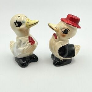 Vintage Japan Duck Salt & Pepper Shakers Couple 3" Red Hat Bowtie Ceramic
